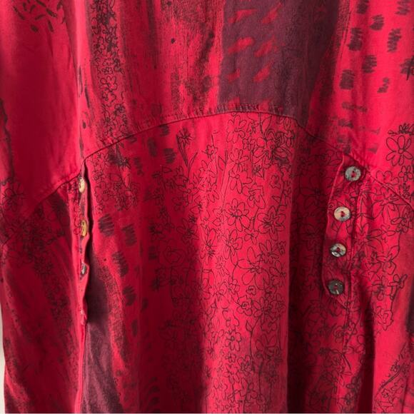 Vintage patchwork style button front Red babydoll Top 3/4 sleeves high low hem L - Picture 5 of 13